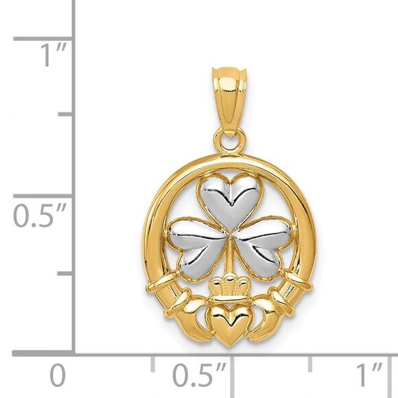 14k Yellow Gold Rhodium-plated Shamrock & Claddagh Pendant
